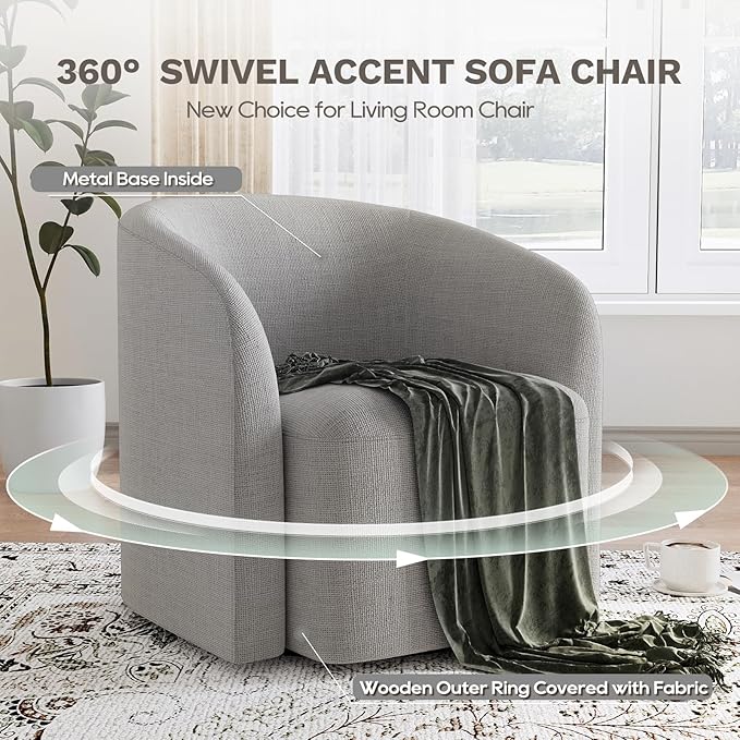 COLAMY Swivel Accent Chair, Modern Barrel Round Chair, Upholstered Comfy Living Room Chair with Armrest, Armchair for Reading Room/Bedroom/Waiting Room/Office, No Assembly, Grey