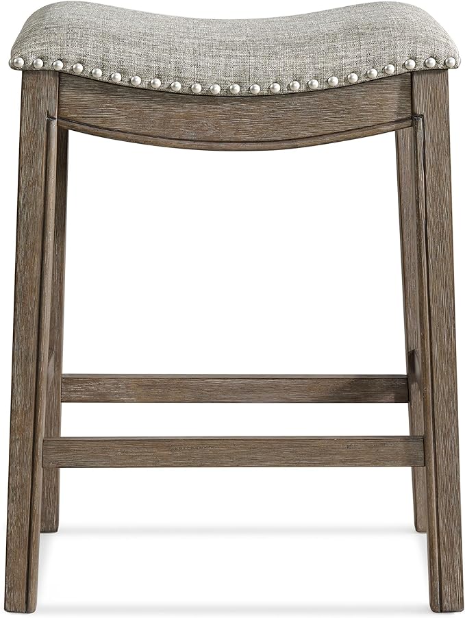 ROME + OAK Set of 3 Parker 26 Inch Counter Stool, Backless Saddle Kitchen Barstool in Walnut Finish with Grey Fabric Upholstery Cushion Seat