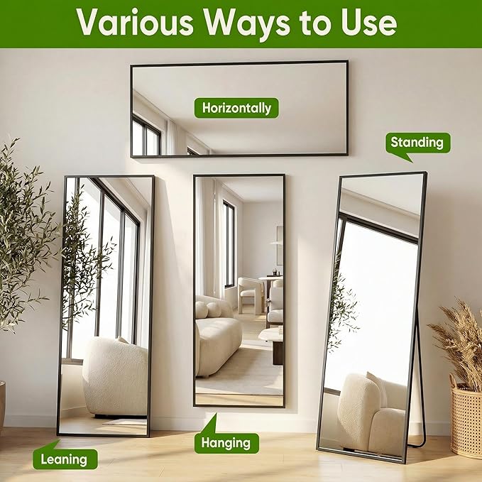 Full Length Mirror, 75"x36" Full Body Mirror, Floor Mirrors with Stand, Body Mirrors Standing Hanging Leaning Against Wall,Aluminum Frame Mirrors for Bedroom Cloakroom,Living Room,Black
