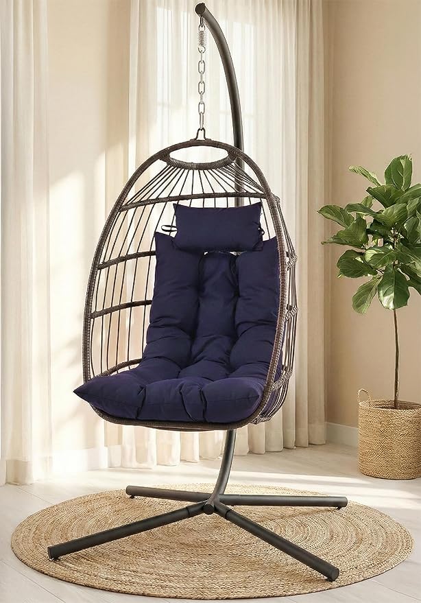 SereneLife Hanging Egg Chair with Stand - Indoor/Outdoor Swing Hammock Chair with Plush Washable Cushions & Headrest, 350LBS Capacity, Ideal for Relaxation in Bedrooms, Balconies, Gardens, and Patios