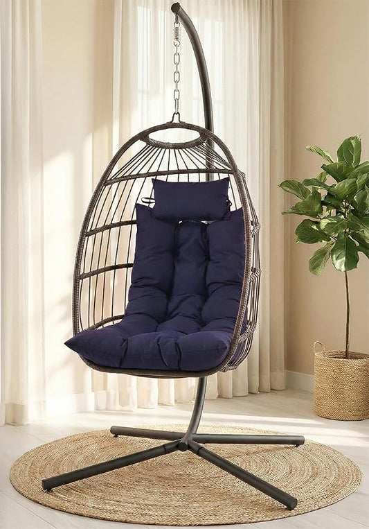 SereneLife Hanging Egg Chair with Stand - Indoor/Outdoor Swing Hammock Chair with Plush Washable Cushions & Headrest, 350LBS Capacity, Ideal for Relaxation in Bedrooms, Balconies, Gardens, and Patios