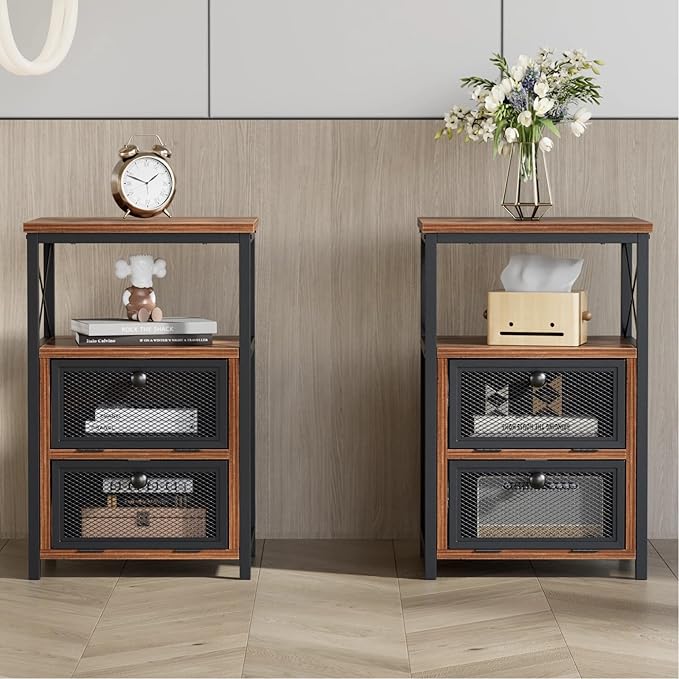 VECELO End Side Table, Modern Night Stand with Storage Space and Door, Set of 2 Nightstands for Living Room,Bedroom,Lounge, Rustic Brown
