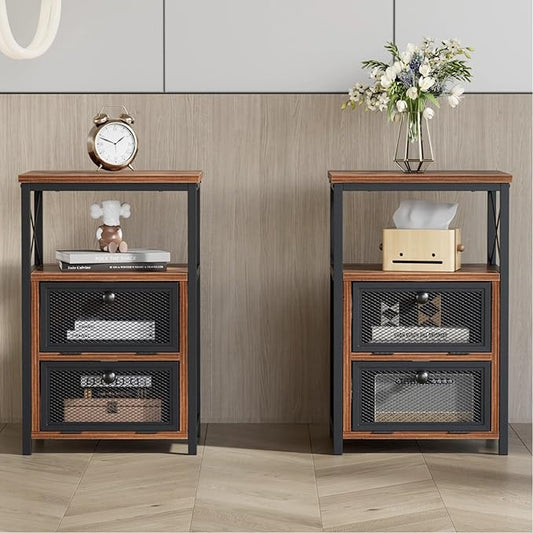 VECELO Nightstand Set of 2, End Table with Flip Drawer, Modern Night Stand for Bedroom,Living Room, Office, Easy Assembly, Walnut Brown