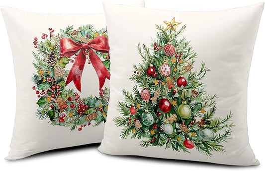 Set of 2 Christmas Tree Pillow Covers Xmas Wreath Throw Pillow Covers Red and Green Decorative Pillow Case 18x18 Winter Holiday Cushion Case for Home Decor Couch Sofa