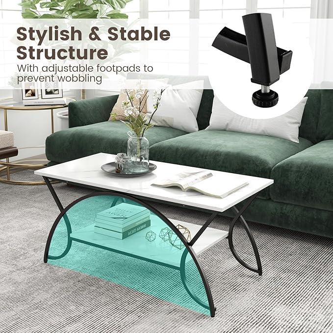 COSTWAY 2-Tier Coffee Table, Modern Faux Marble Accent Table with Storage and Black Finished Metal Frame, Chic Rectangular End Table for Living Room Office Lounge (White+Black)