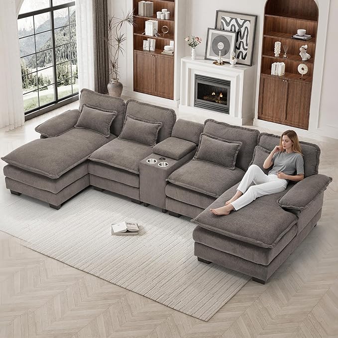 133" Oversized U Shaped Cloud Couch Modular Sectional Couches for Living Room Comfy Chenille Deep Seat Sofa Set with Double Chaise Lounge, Storage Central Console, Cup Holders, USB Port, Stone Grey