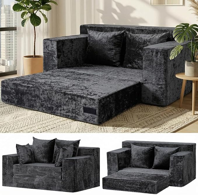 Convertible Sofa Bed, 5 in 1 Small Boneless Couch Pull Out Loveseat Sleeper Sofa,Corduroy Futon Couch Folding Mattress with 4 Pillows for Living Room (Dark Gray, Loveseat(Silky Velvet))