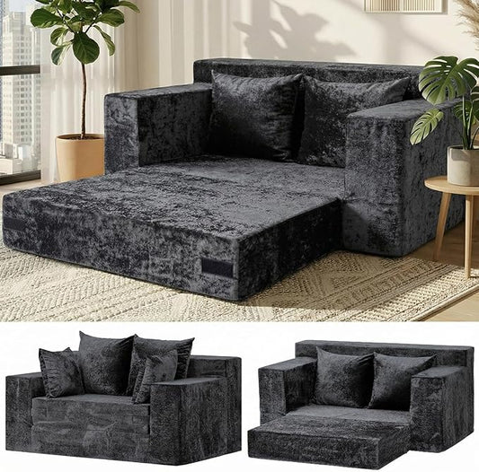 Convertible Sofa Bed, 5 in 1 Small Boneless Couch Pull Out Loveseat Sleeper Sofa,Corduroy Futon Couch Folding Mattress with 4 Pillows for Living Room (Dark Gray, Loveseat(Silky Velvet))