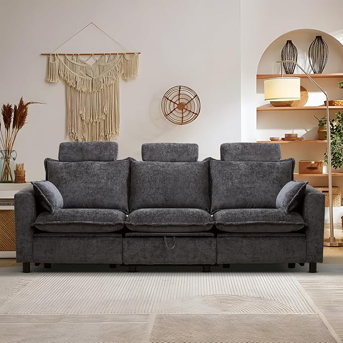 3-Seat Power Reclining Sofa with Under-Seat Storage, USB Ports, Chenille Upholstery, Removable Headrests & Throw Pillows, Power Reclining Couch for Living Room (Grey)