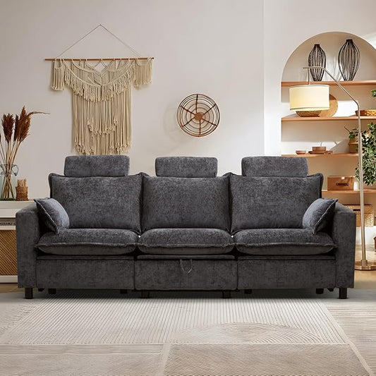 3-Seat Power Reclining Sofa with Under-Seat Storage, USB Ports, Chenille Upholstery, Removable Headrests & Throw Pillows, Power Reclining Couch for Living Room (Grey)