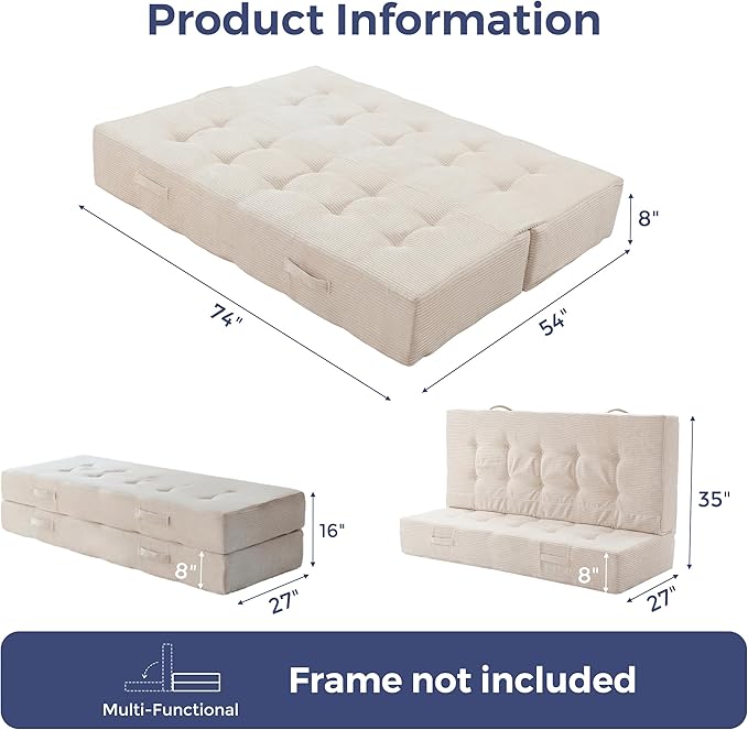 MAXYOYO 8" Foldable Floor Sofa Bed, Tufted Foldable Couch Bed Thick Folding Mattress with Handles, Versatile Folding Sofa Couch for Floor Sleeping, Living Room & Guest Room, Beige