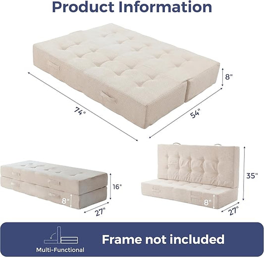 MAXYOYO 8" Foldable Floor Sofa Bed, Tufted Foldable Couch Bed Thick Folding Mattress with Handles, Versatile Folding Sofa Couch for Floor Sleeping, Living Room & Guest Room, Beige