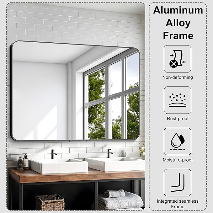 KOCUUY Black Mirror, 36x48 Inch Rectangle Bathroom Mirror with HD Tempered Glass, Anti-Rust Frame, Vanity Mirror with Rounded Corner for Bathroom, Living Room, Entryway, Hang Horizontal/Vertical