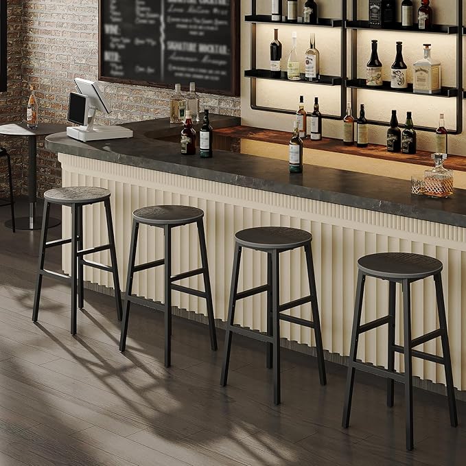 Bar Stools, Set of 2 Round Bar Chairs with Footrest, 24.4 Inch Kitchen Breakfast Bar Stools, Industrial Bar Stools, Easy Assembly, for Dining Room, Kitchen, Black BAHB0201 (Pack of 3)