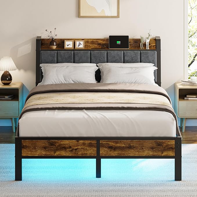 Full Size Bed Frame with Smart LED Light, Wood Storage Charging Station Headboard, Metal Platform Bed, No Box Spring Required, Easy Assembly, Noise Free