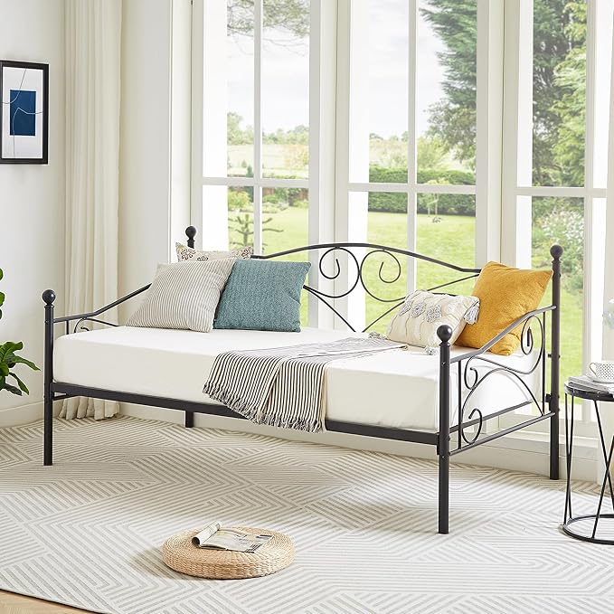 VECELO Daybed Frame, Twin Size Metal Platform Bed with Headboard,Heavy Duty Steel Slats Support for Living Room Bedroom Guest Room, Easy Assembly