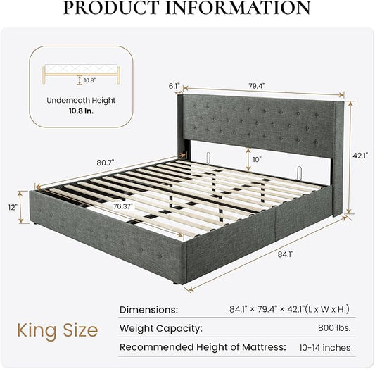 SHA CERLIN King Size Lift Up Storage Bed Frame,Button Tufted Wingback Headboard,Upholstered Platform,Hydraulic Storage,Wooden Slat Support,No Box Spring,Dark Grey