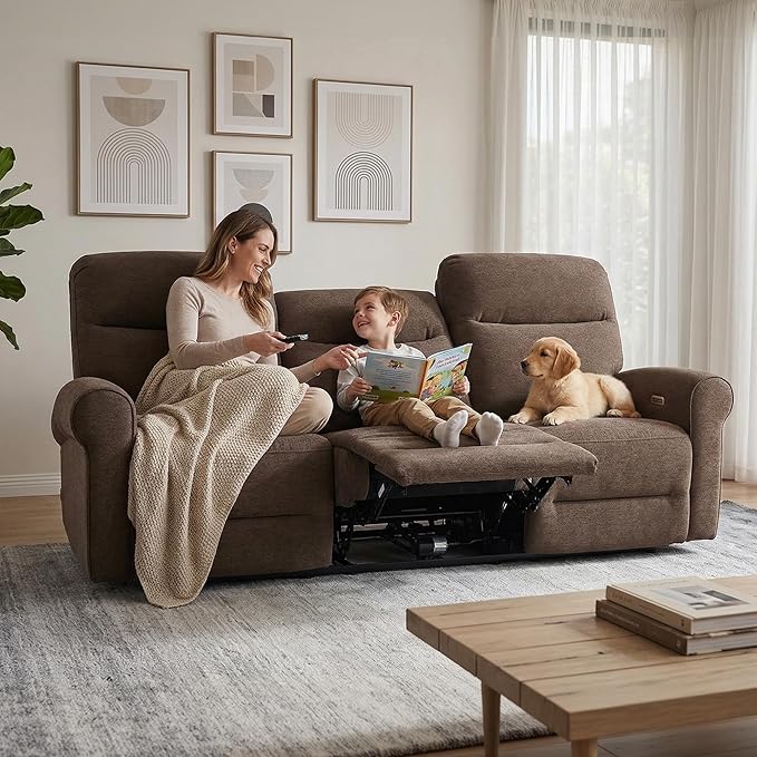 MCombo 87.8" Wall Hugger Power Reclining Sofa, 3-Seat Triple Recliner Couch with USB Ports, Rolled Arm Space Saving Recliner Sofa for Living Rooms Apartments RV, Fabric PR635M5 (Dark Brown) | 1.4" Wall Clearance