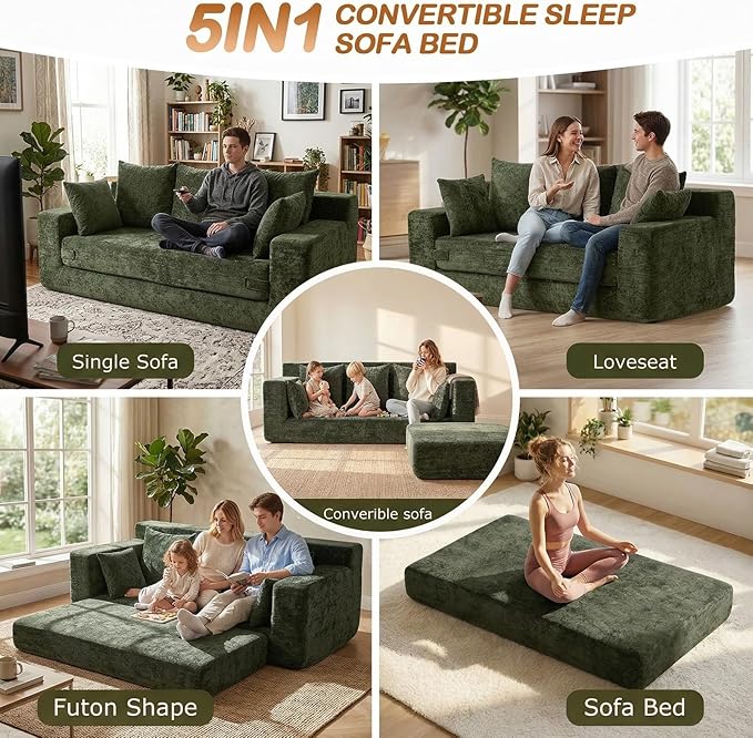 Convertible Sofa Bed, 5 in 1 Small Boneless Couch Pull Out Loveseat Sleeper Sofa,Corduroy Futon Couch Folding Mattress with 4 Pillows for Living Room Bedroom Lounge (Green, 3 Seater)