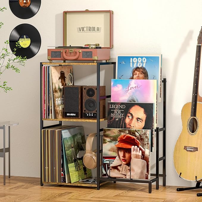 Record Player Stand, Turntable Stand with 4-Tier Vinyl Record Storage, Record Player Table Storage up to 200+ Albums, Record Player Cabinet with Vinyl Display Holder Shelf, vinyl Table for Living Room