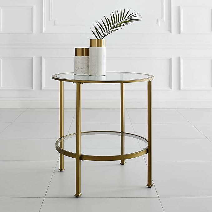 Crosley Furniture Aimee Small Side End Table with Storage Shelf for Living Room, Gold and Glass