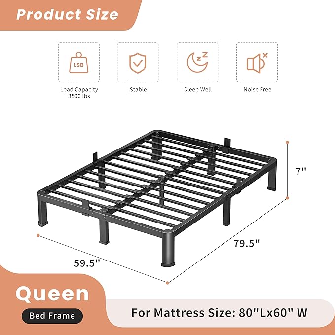 10 Inch Queen Heavy Duty 3500 lbs Bed Frame with Round-Corner Legs & Anti-Squeak Design – Quick Assembly Metal Platform, No Box Spring Needed