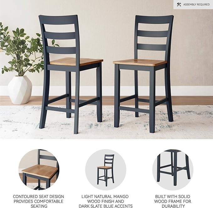 Signature Design by Ashley Gesthaven Casual 24.25" Counter Height Bar Stool with Saber Leg and Slat Back, Set of 2, Light Brown & Blue