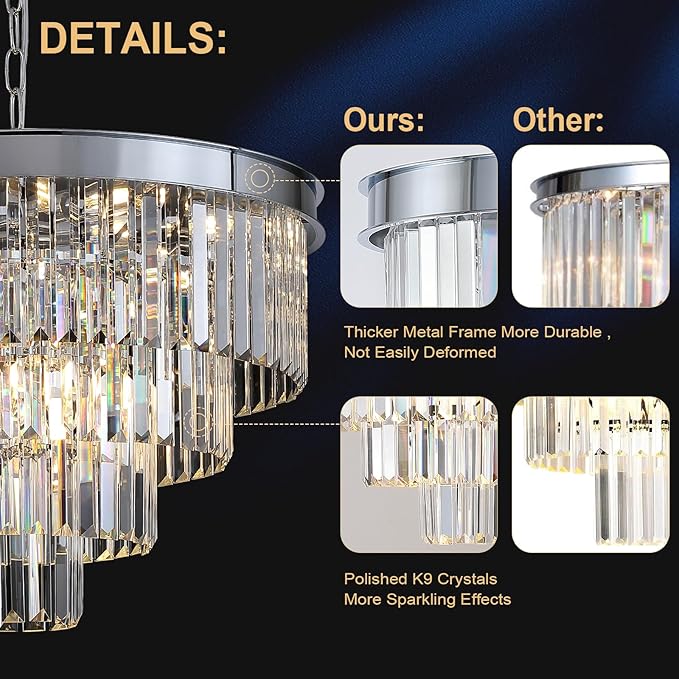 Chrome Crystal Chandelier 24” Modern Chandelier for Dining Room Round Ceiling Pendant Light Fixture 4 Tiers 12 Lights Luxury Large Chandelier for Entryway Living Room Bedroom