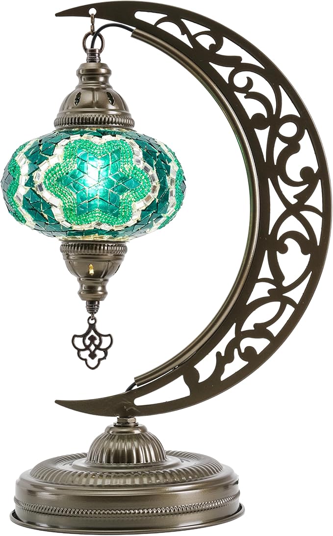 Mozaist Turkish Stained Glass Luna Shape Table Lamp, Moroccan Crescent Tiffany Style Handmade Desk Light, Rustic Moon Living Room, Mosaic Lampshade Office Decorative Dim Lighting (Emerald Green)