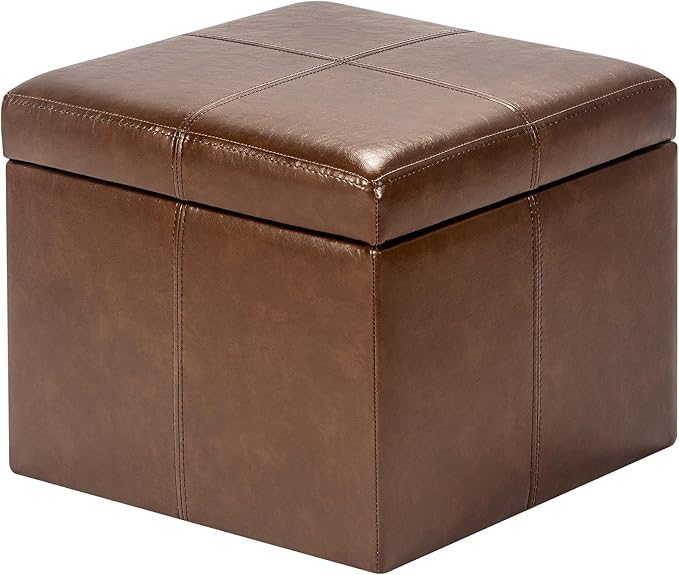 Adeco Faux Leather Storage Ottoman Bench for Living Room & Bedroom, Coffee Brown Cube Footrest Stool with Hidden Storage, Modern Accent Furniture, 17.3 Inch, Sturdy & Comfortable Seating