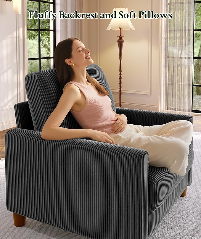 Welzona 35.3" Couches for Living Room, Comfy Grey Couch Single with 22.5" Deeper Seat, Accent Chair Tool-Free Setup, Reading Chair 440lbs Support, Corduroy Couch for Bedroom, Apartment, Office