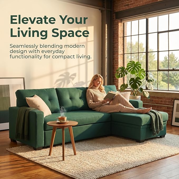 Pull Out Couch, L Shaped Sectional Couch with Pull Out Bed, Convertible Sofa Bed with Storage Chaise, Twin Size Sleeper Sofa, Sofa Bed Couch, Sleeper Sofa with Storage, Green
