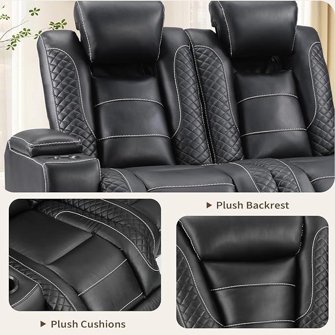 ANJ Reclining Loveseat and Power Recliner Chair with LED Lights USB Cup Holders, Faux Leather Living Room Furniture for Home Theater, Small Spaces & RV (Black)