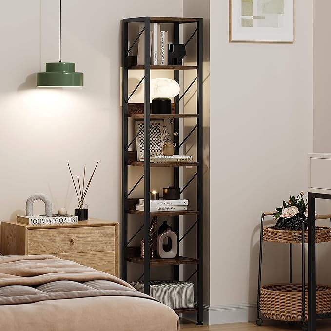 IDEALHOUSE Narrow Bookshelf Tall Skinny Bookcase 6 Tier Storage Rack Rustic Corner Shelf Metal Frame Small Freestanding Bookshelves Industrial Display Stand for Bedroom, Living Room, Home Office