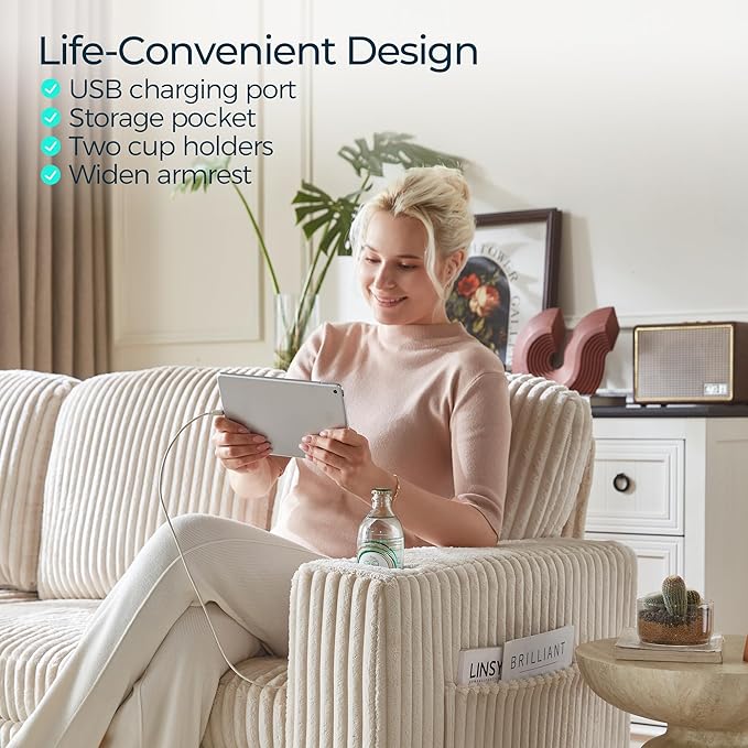 LINSY HOME Sectional Sofa with Pull Out Bed, 6 Seats Corduroy Reversible Sleeper Sofa with Storage Seats & Chaises, USB Ports, Cup Holders, Side Pocket, Sectional Couches for Living Room, Beige | Plush corduroy, Pull out couch, Foam, Sturdy structure
