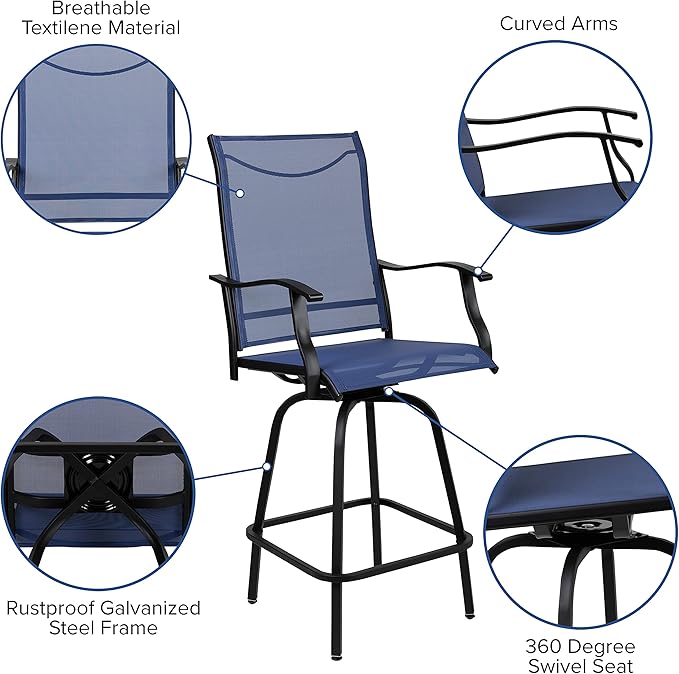 Flash Furniture Valerie All-Weather Swivel Patio Barstools with Footrest and Armrests, Modern Sling Outdoor Bar Height Stools, Set of 2, Navy