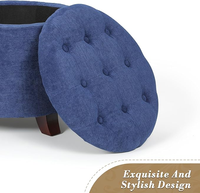 Athena Collection 20 Inch Small Ottoman with Storage, Round Linen Fabric Storage Ottoman with Removable Lid, Stylish Footstool Foot Rest for Living Room, Bedroom, Dorm, Blue