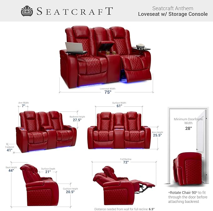 Seatcraft Anthem Italian Leather Sofa w/Fold-Down Table & Loveseat w/Storage Console, Living Room, Power Headrest, Power Recline, Red