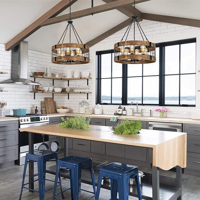 6-Light Farmhouse Wood Chandelier for Dining Room, Rustic Foyer Light Fixtures, Industrial Drum Hanging Lights for Kitchen Island Entryway, Nature Wood Texture and Black Metal Finish