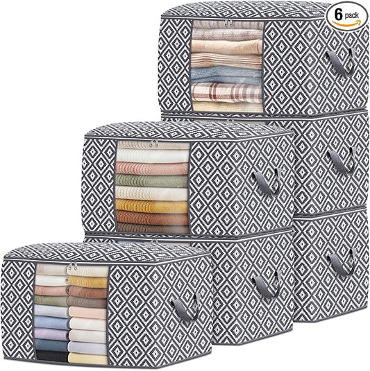 Direct 100L, 6 Pack, Storage Containers, Large Clothes Storage Bins Foldable Organization and Storage Bags with Reinforced Handle, Clear Window for Bedding, Blankets, Clothing, Grey