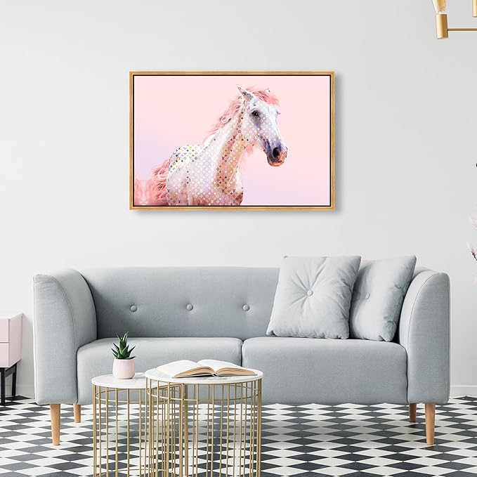 Country Farmhouse Canvas Print Painting Animal Wall Art 'Pink Glam Horse' Gold Framed Canvas Rustic Home Décor 30x20 in Pink, White by Oliver Gal