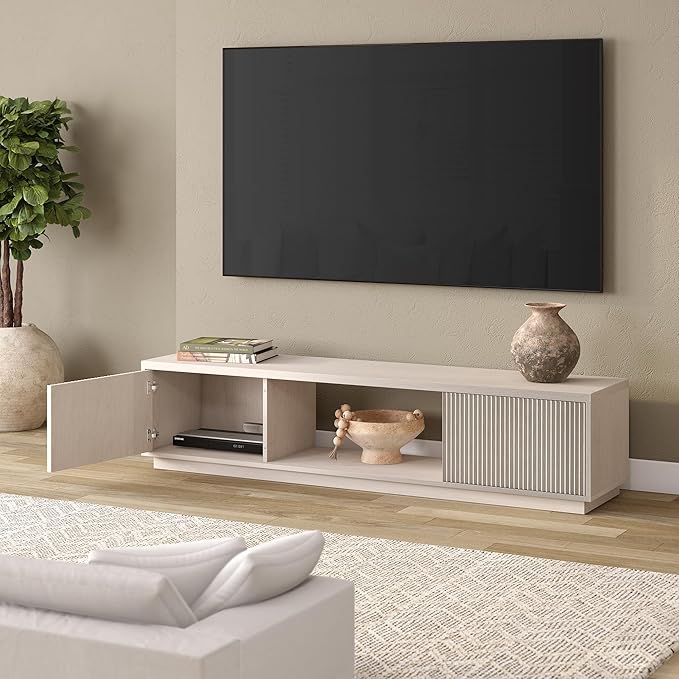 Henn&Hart Fluted TV Stand for TVs up to 78" with 2 Ribbed Side Storage Cabinets and Open Center Storage for Living Room, Family Room, or Office, Beech White