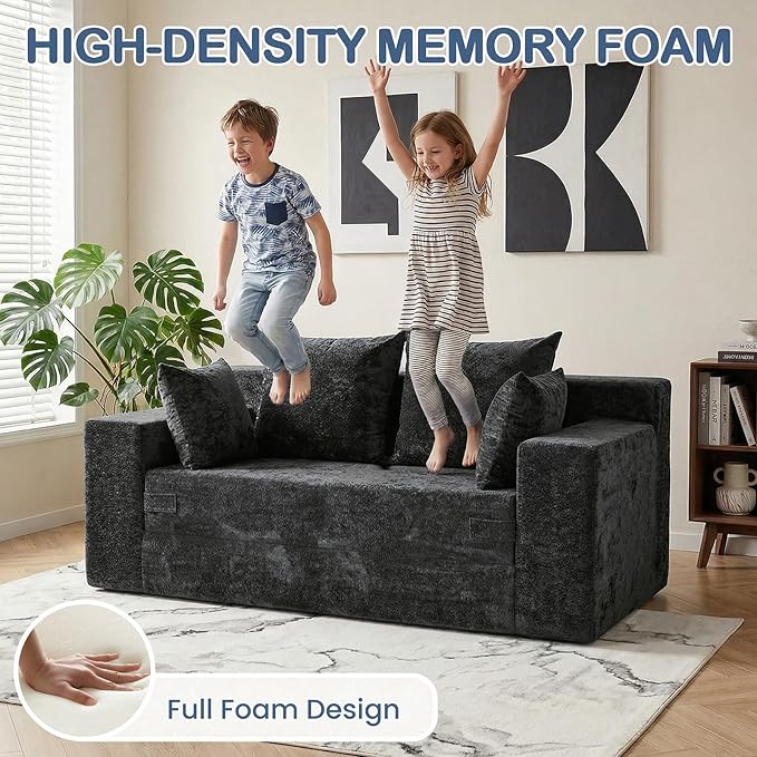 Boneless Loveseat Sleeper Sofa Bed, 3-in-1 Convertible Sofa Bed and Floor Futon Couch (Velvet-Black, Loveseat (55"))