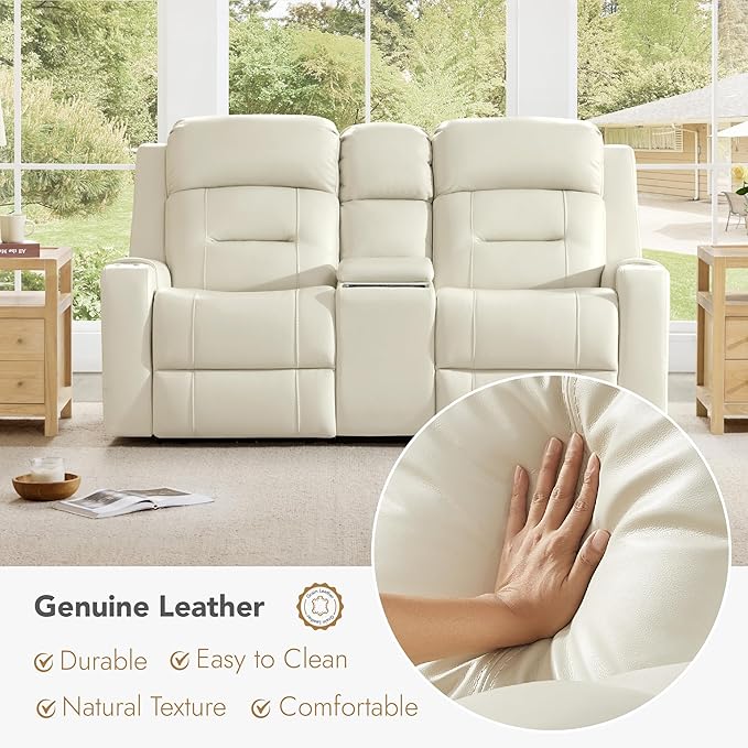 Watson & Whitely Genuine Leather Power Loveseat and Recliner Sofa Set, Lay Flat Reclining Couch with Console, Power Headrest, USB & Wireless Charging, Cup Holders for Living Room, Cream
