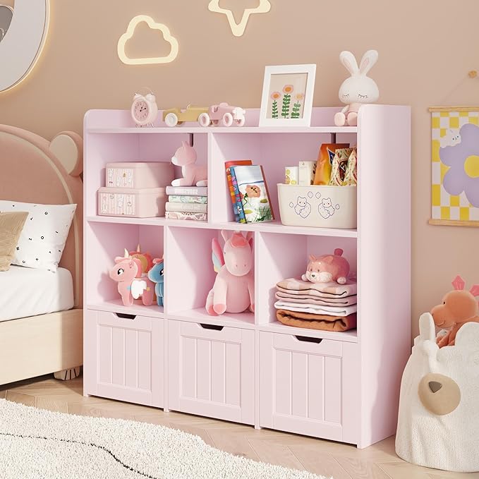 Gizoon Toy Storage Cabinet and Kids Bookcase with 3 Movable Drawers and 6 Open Shelves Featuring Fall Prevention Barrier for Playroom Nursery Kids Room Organization, Pink