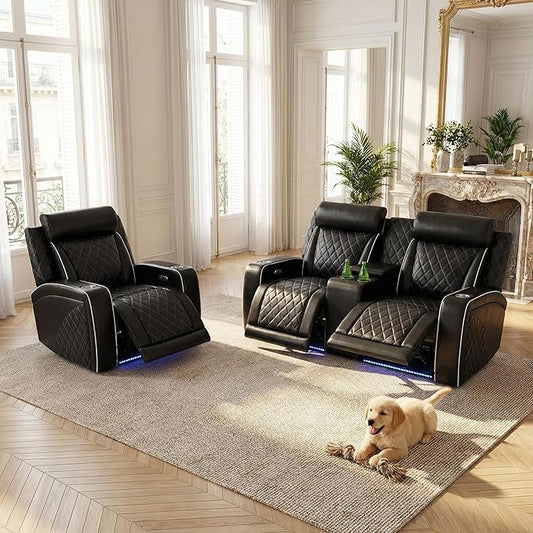 Breathing Leather Power Recliner Sofa Set, 2 Piece Leather Loveseat and Recliner Chair Set, Living Room Furniture Set with Storage Console/LED Lighting (Black New, Loveseat+Chair)