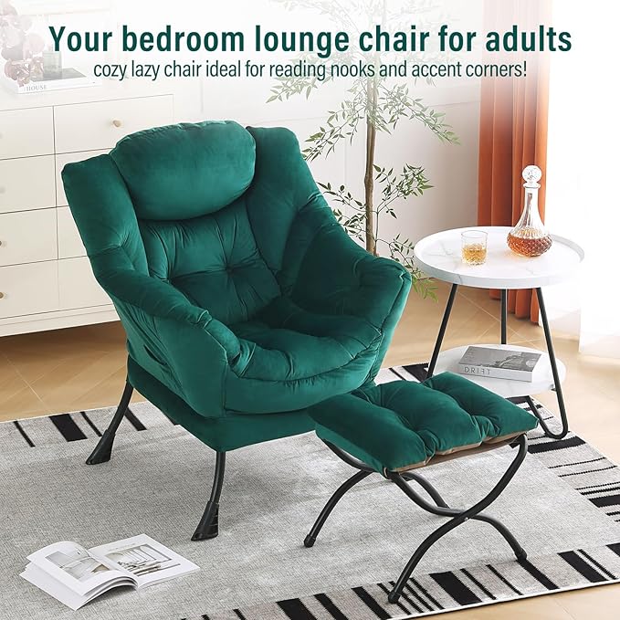 Lazy Chair with Ottoman, Modern Chair with Folding Footrest, Velvet Dark Green Accent Chair, Comfortable Reading Chair, Oversized Armchairs for Bedroom, Study, Living Room, Courtyard