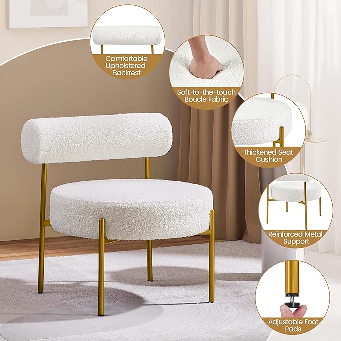Yaheetech Boucle Accent Chair, Modern Tufted Vanity Chair, Cozy Sherpa Barrel Chair with Gold Legs, Club Chair for Living Room Bedroom Vanity Room Home Office, White, 4pcs