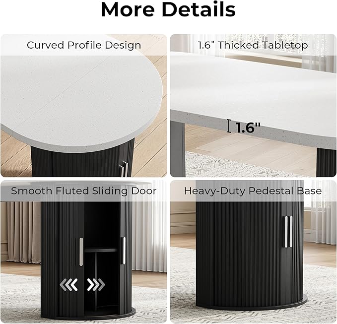 IRONCK 71" Fluted Oval Dining Table for 4-6, Modern Farmhouse Kitchen Table with Storage Shelves, Thickened Gray & White Quartz Top and Sturdy Base for Dining Room or Home Office, Black
