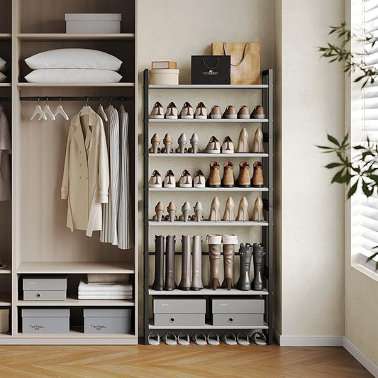 8-Tier Tall Shoe Rack, Stackable Zero-Wobble Metal Frame with Screw-Fastened Joints, 11.8" Deep Heel-Friendly Non-Woven Shelves, Space-Saving Shoe Tower for Closet Entryway Bedroom
